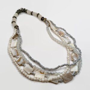 Boho Necklace, Beaded, Stone, Mother of Pearl, Opalite, White, Pastel, Silver